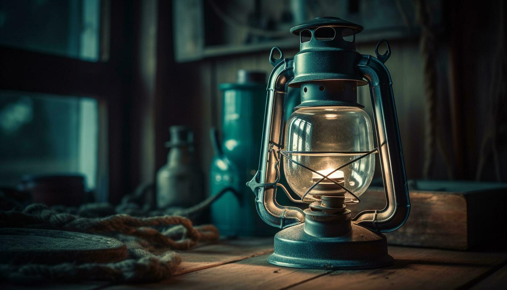 Rustic lantern glows with nostalgic candlelight outdoors generated by AI photo