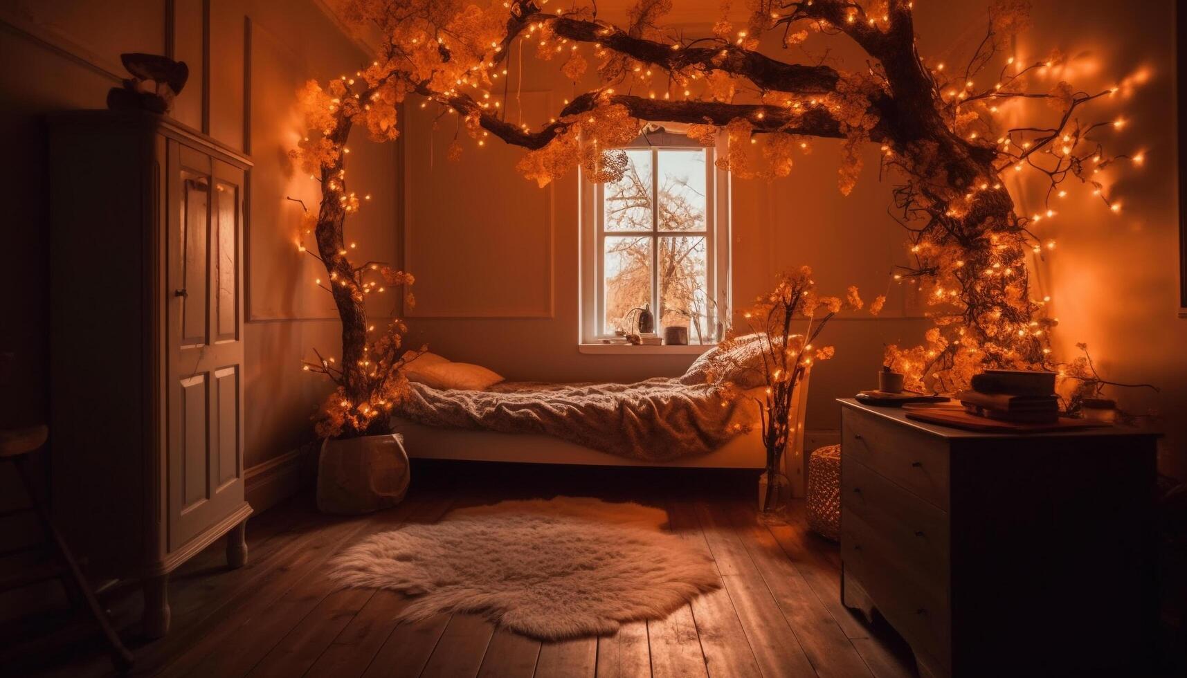 A cozy bedroom illuminated by Christmas lights, comfortable and rustic generated by AI photo