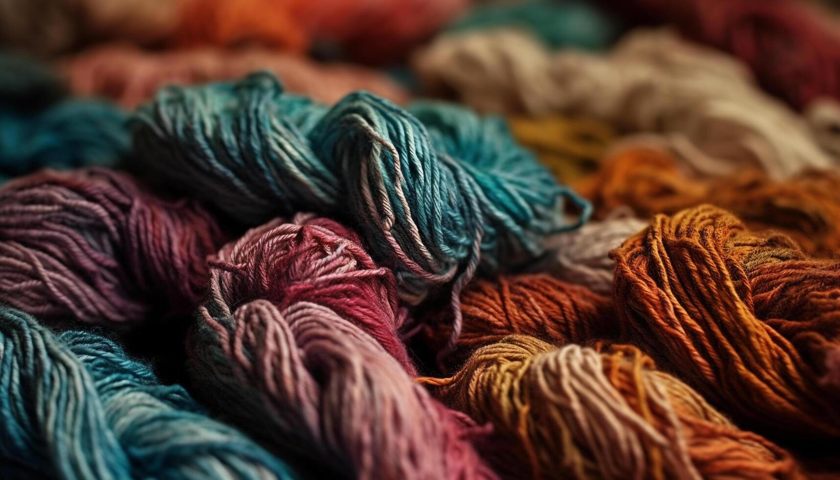 Abstract arrangement of colorful wool spools for creative knitting designs generated by AI photo