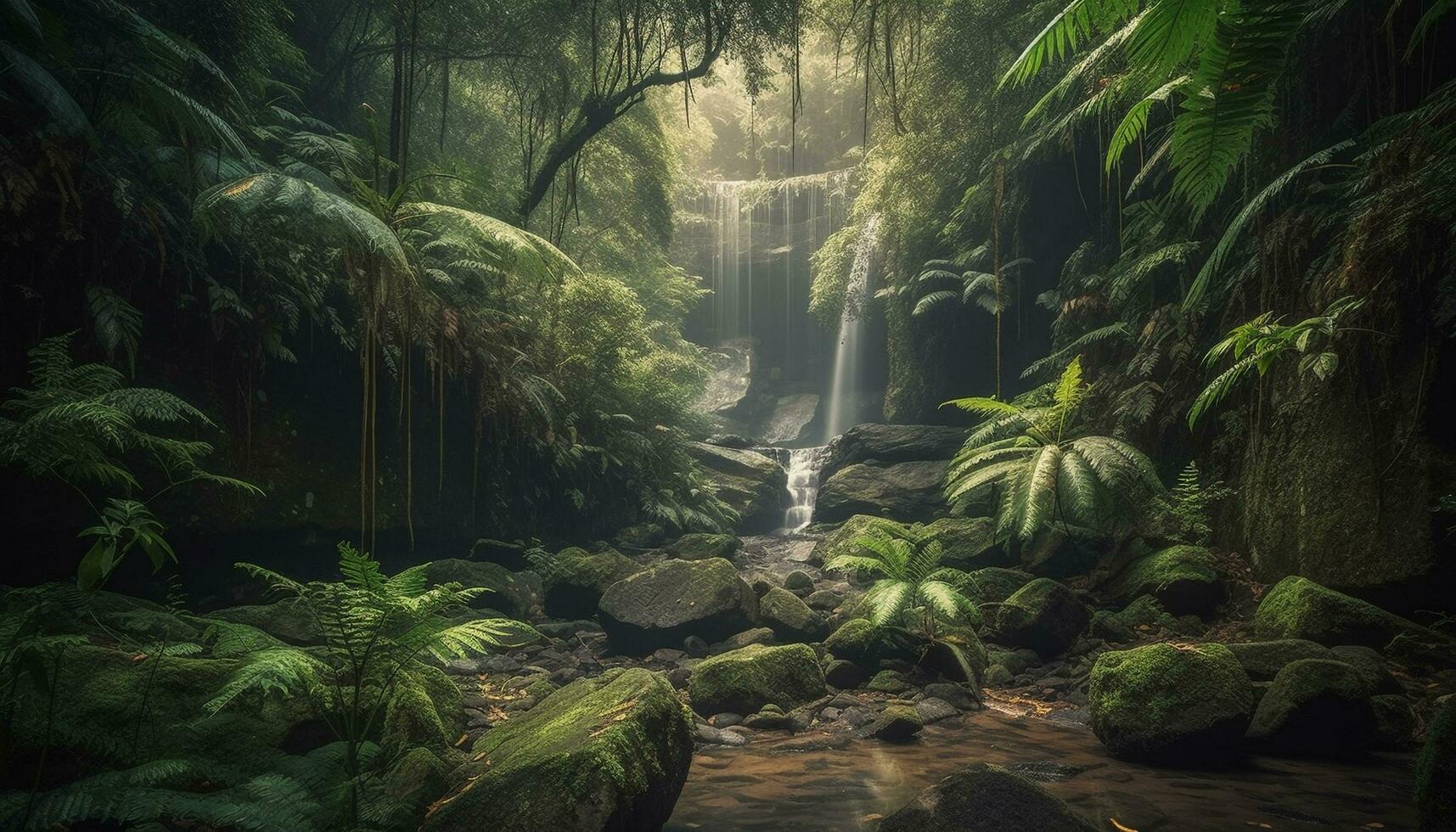 Tranquil scene Freshness of green color, falling water, and mystery generated by AI photo