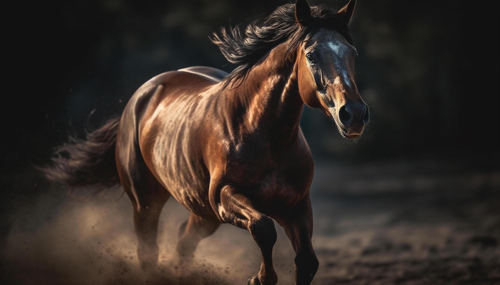 The majestic stallion runs free in the rural meadow generated by AI photo