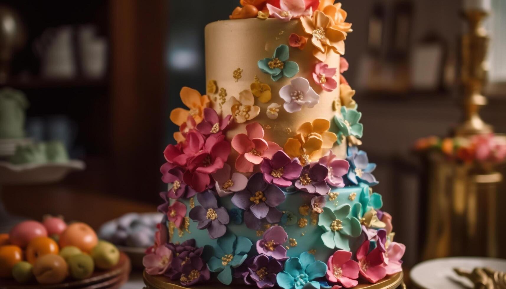 Elegant wedding cake with ornate decoration, fresh flowers, and indulgent chocolate generated by AI photo