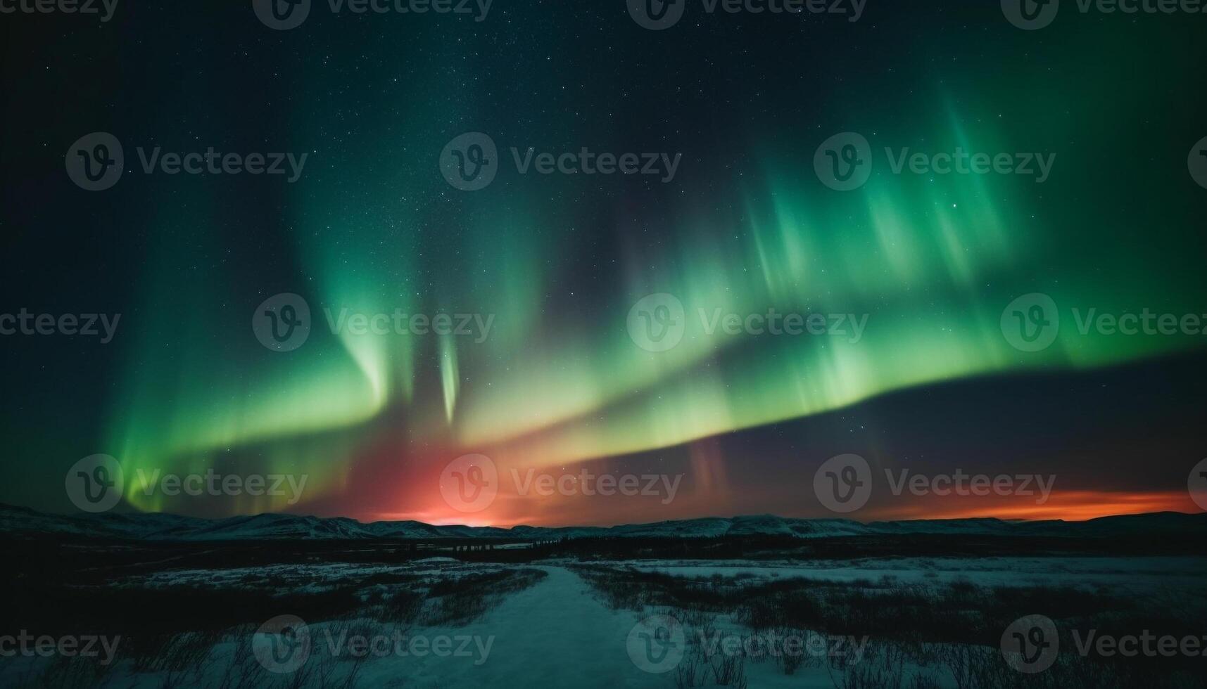 Tranquil arctic night illuminated by majestic aurora polaris mystery generated by AI photo