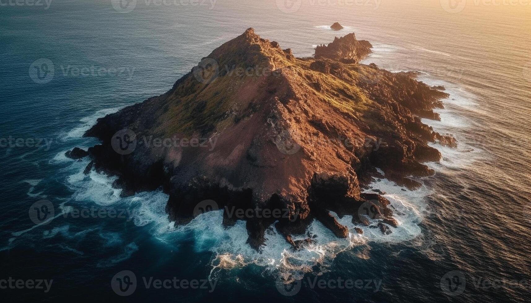 Drone captures stunning sunset over idyllic Bali coastline breaking waves generated by AI photo