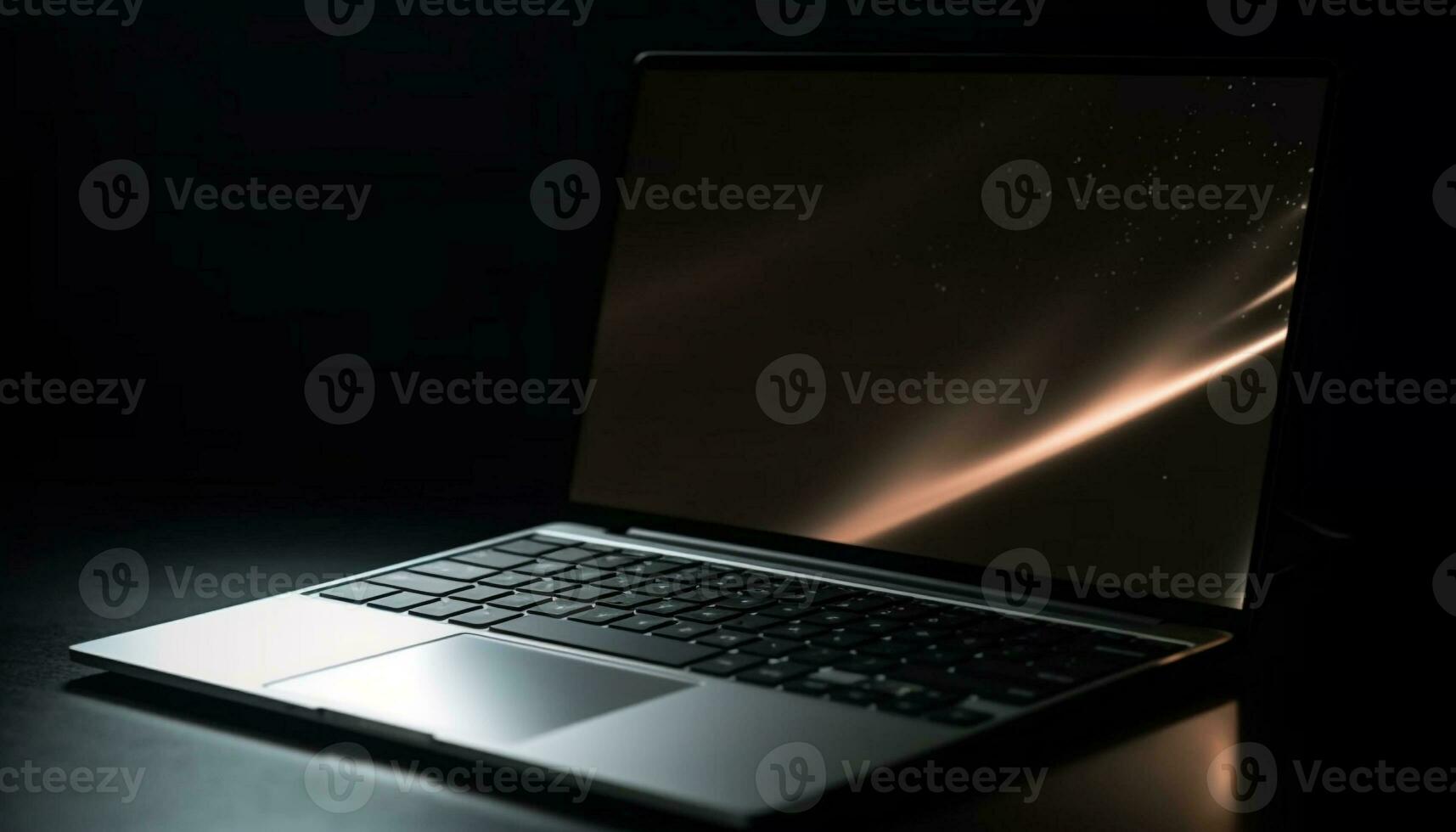 moderno ordenador portátil ilumina oscuro oficina, conectando global negocio comunicaciones de forma inalámbrica generado por ai foto