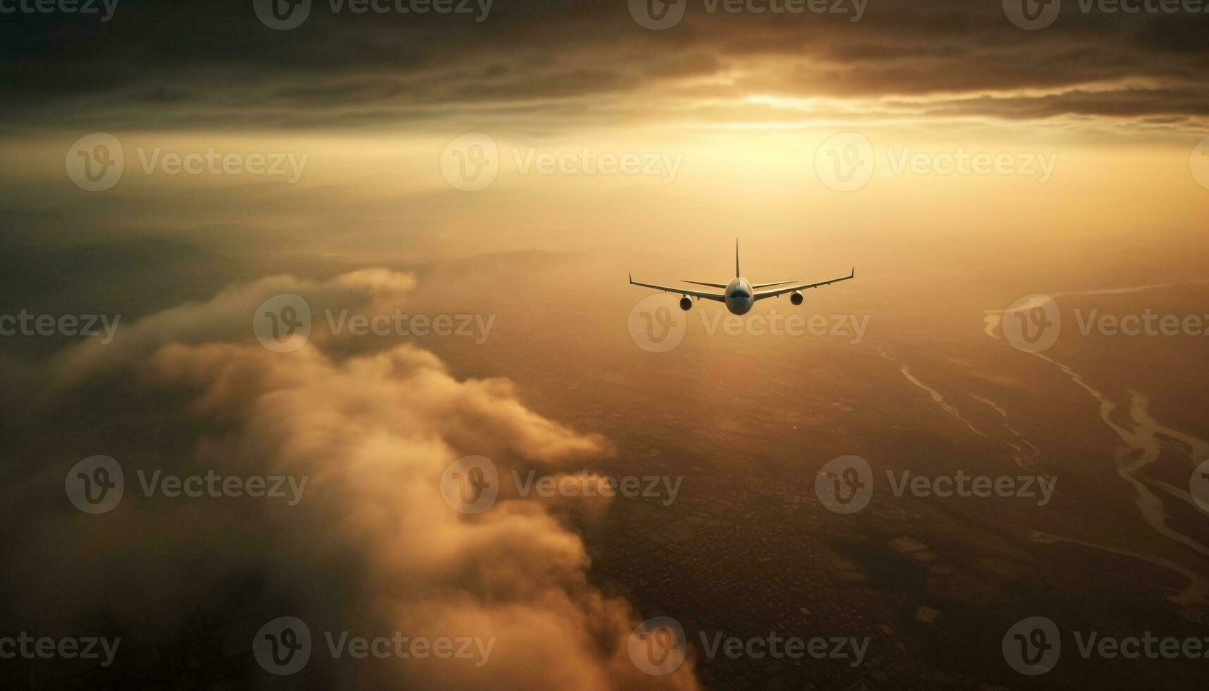 A commercial airplane takes off mid air, soaring above nature beauty generated by AI photo