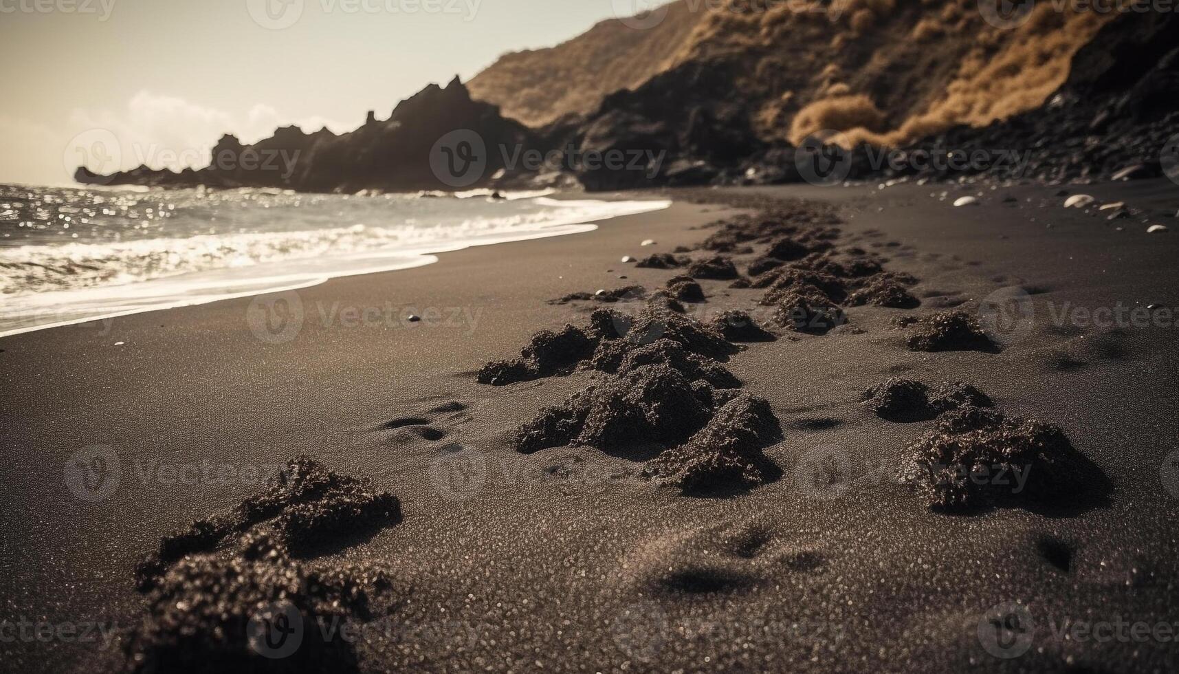 A tranquil seascape at dusk, with footprints in the sand generated by AI photo