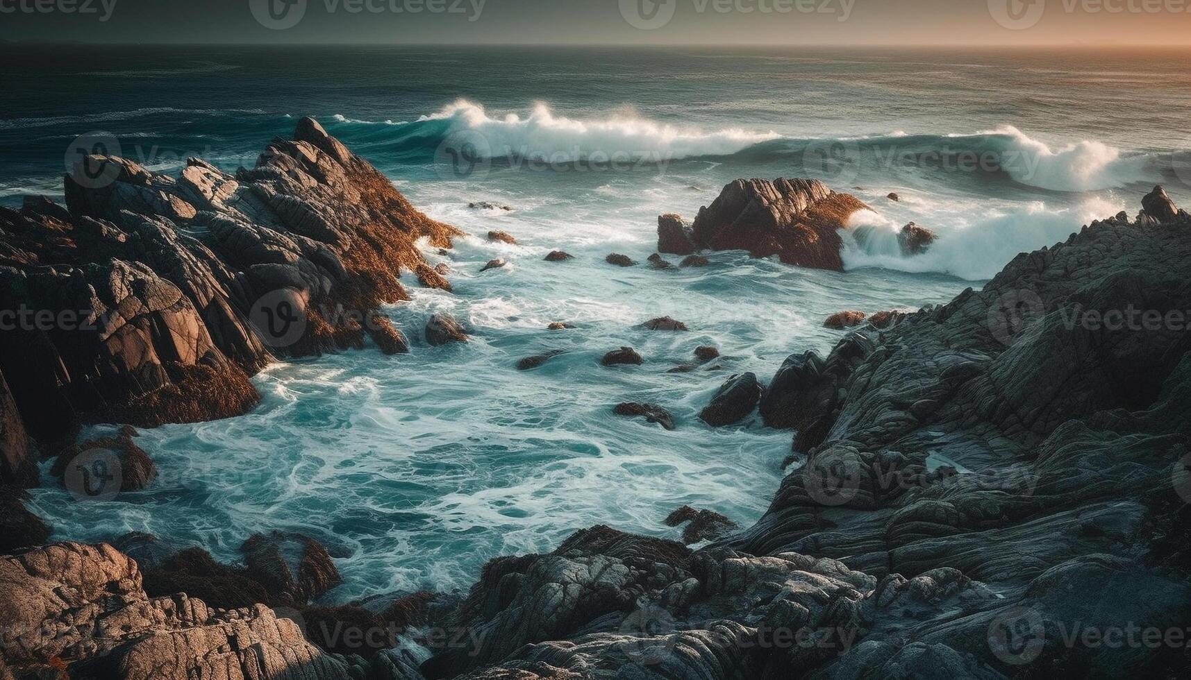 The tranquil scene at dusk waves breaking on rocky coastline generated by AI photo