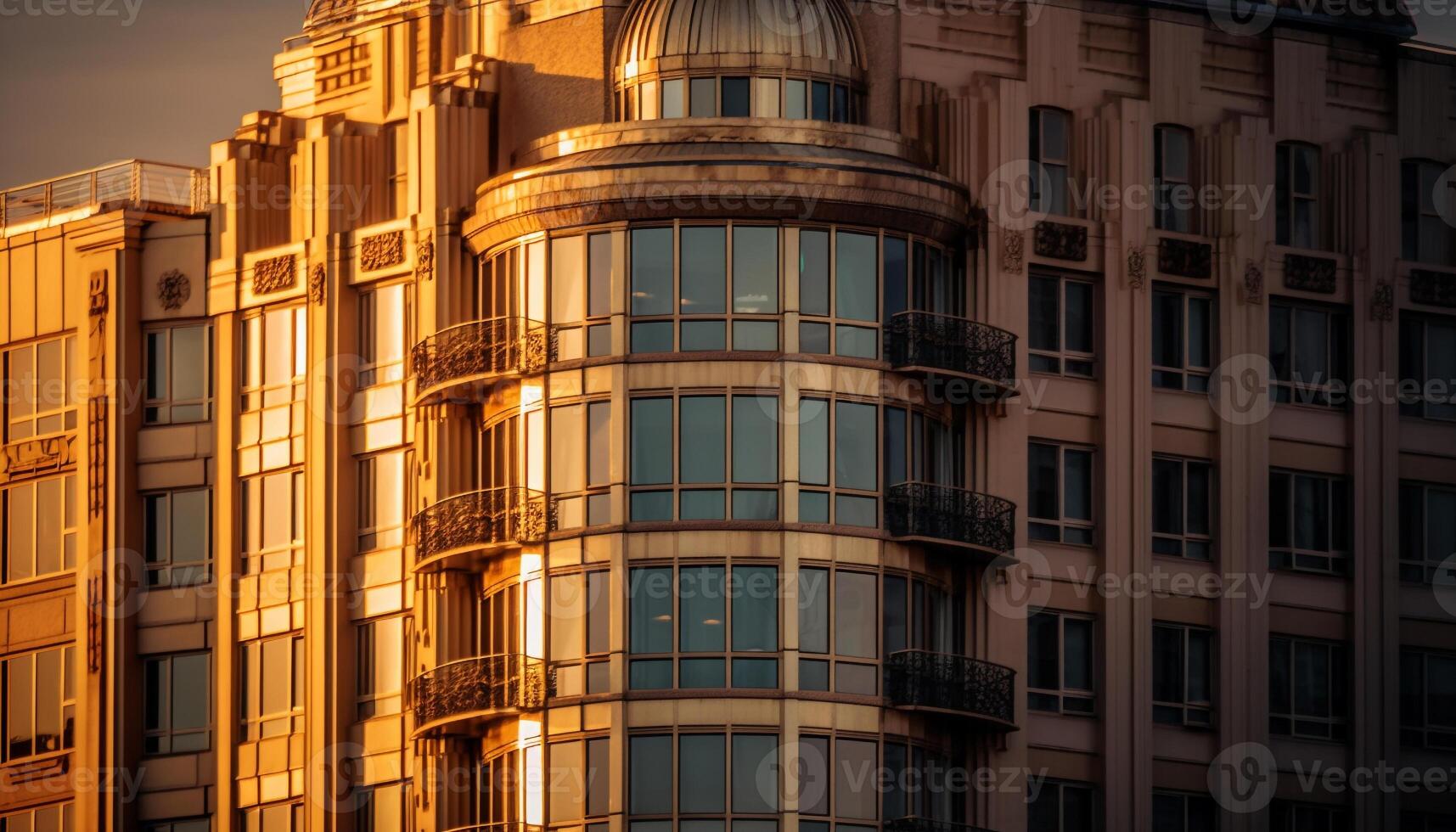 The futuristic skyscraper glass facade reflects the city elegance at night generated by AI photo