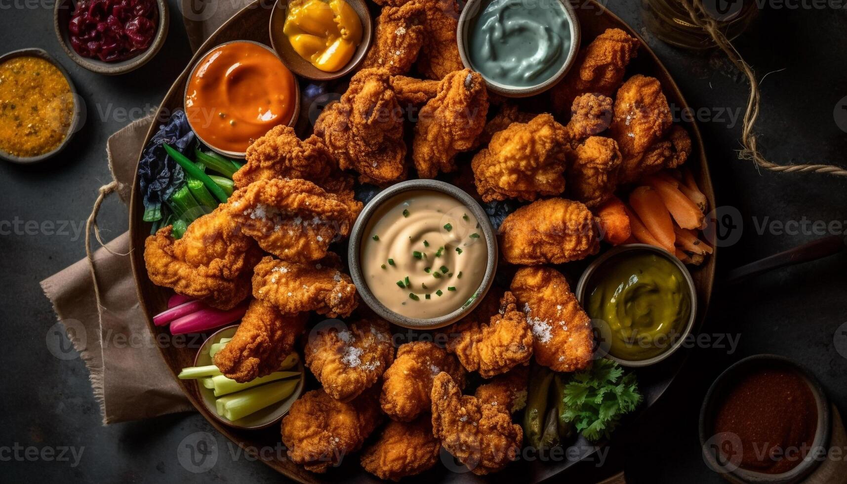 profundo frito búfalo pollo alas con sabroso salsa, un pub favorito generado por ai foto