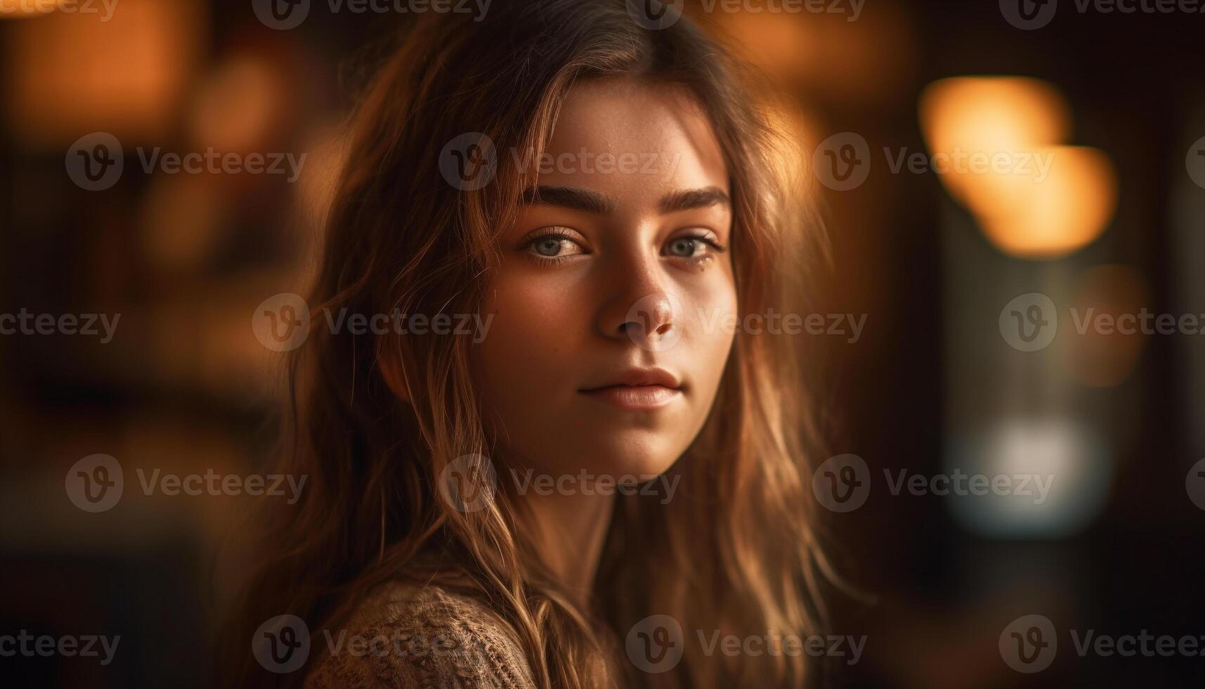 A confident young woman, smiling, looking at camera indoors generated by AI photo