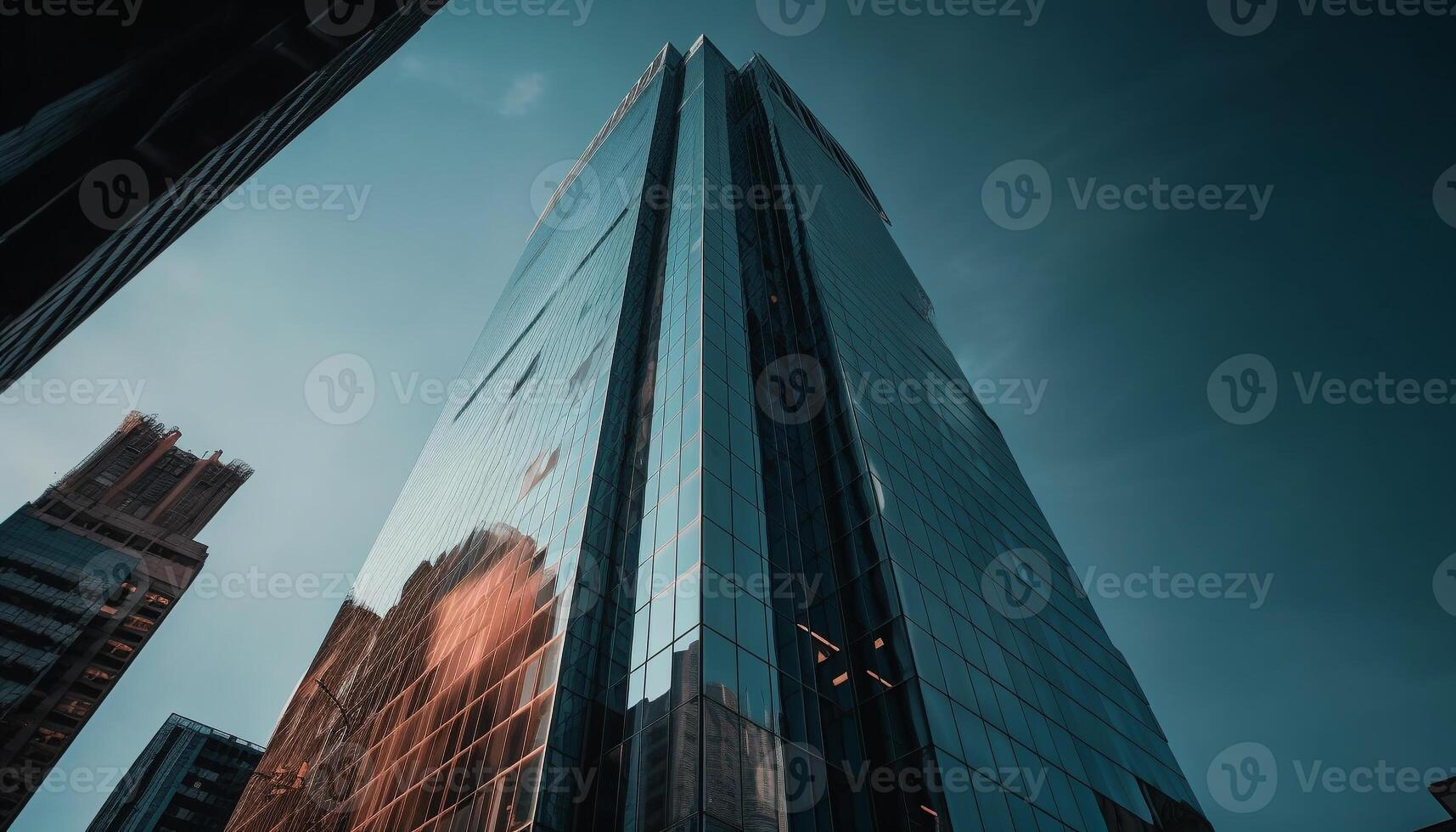 A futuristic skyscraper illuminates the city skyline at dusk generated by AI photo