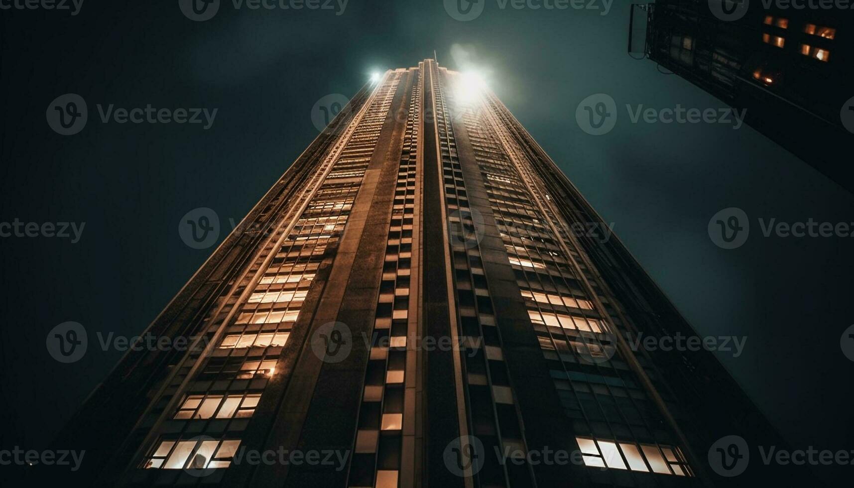 Modern skyscraper illuminates city skyline at night, a futuristic design generated by AI photo