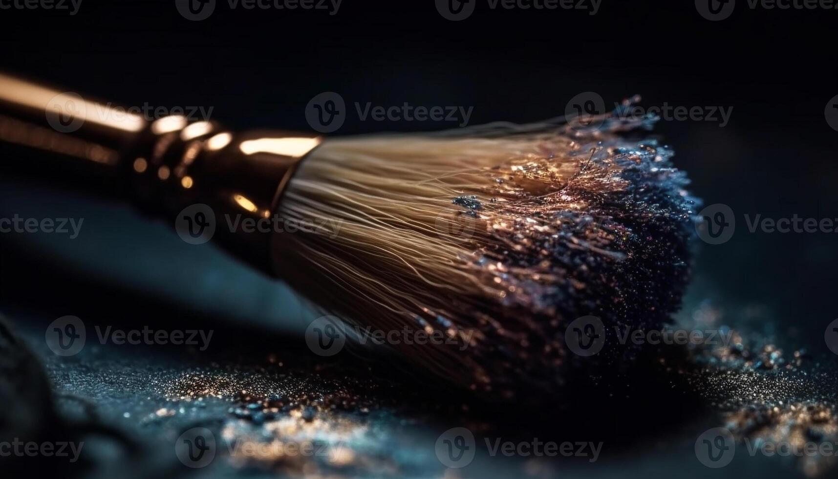 Metallic paintbrush creates abstract beauty on dark wooden background generated by AI photo