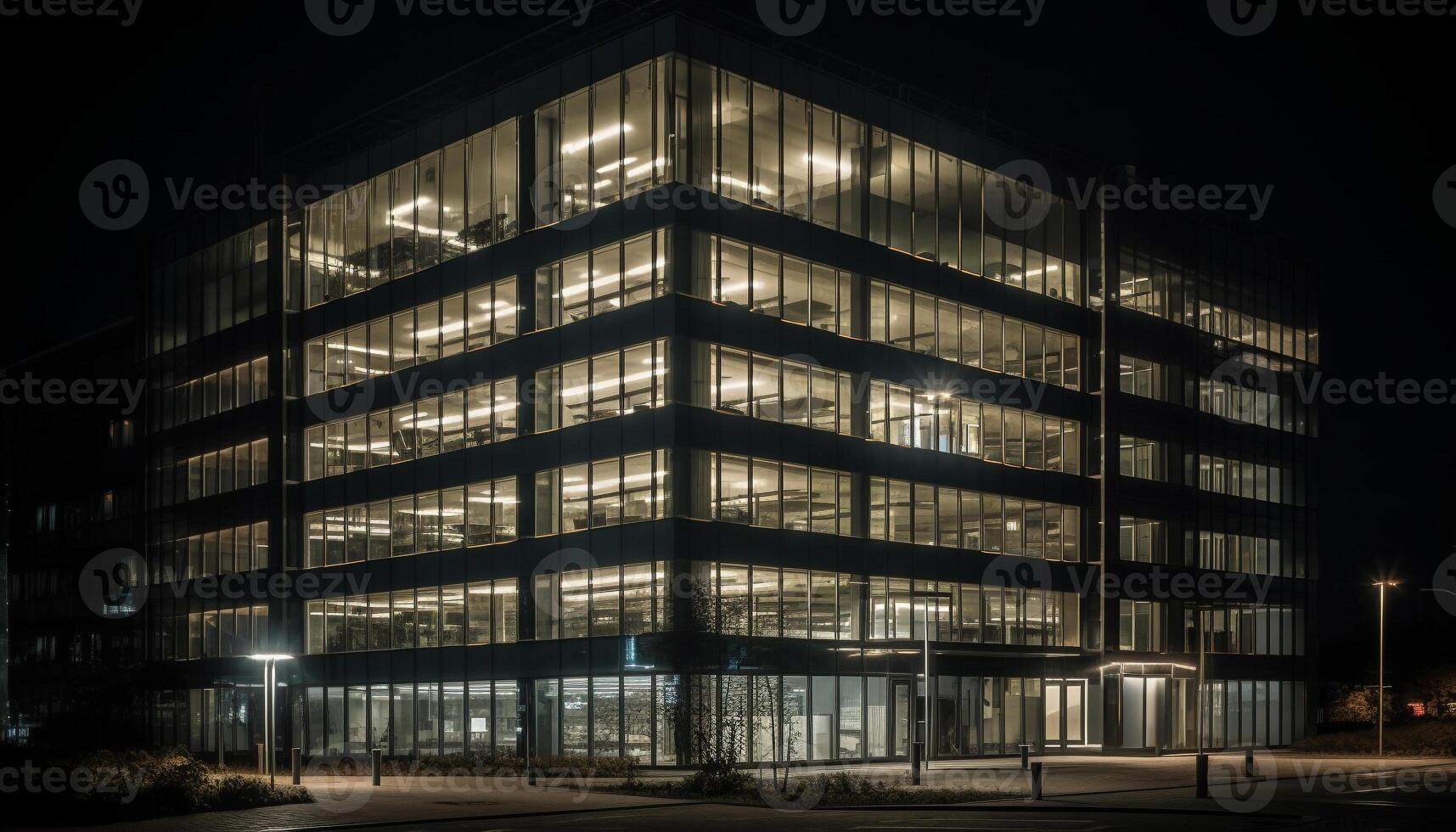 A futuristic cityscape illuminated by bright office lighting equipment at dusk generated by AI photo