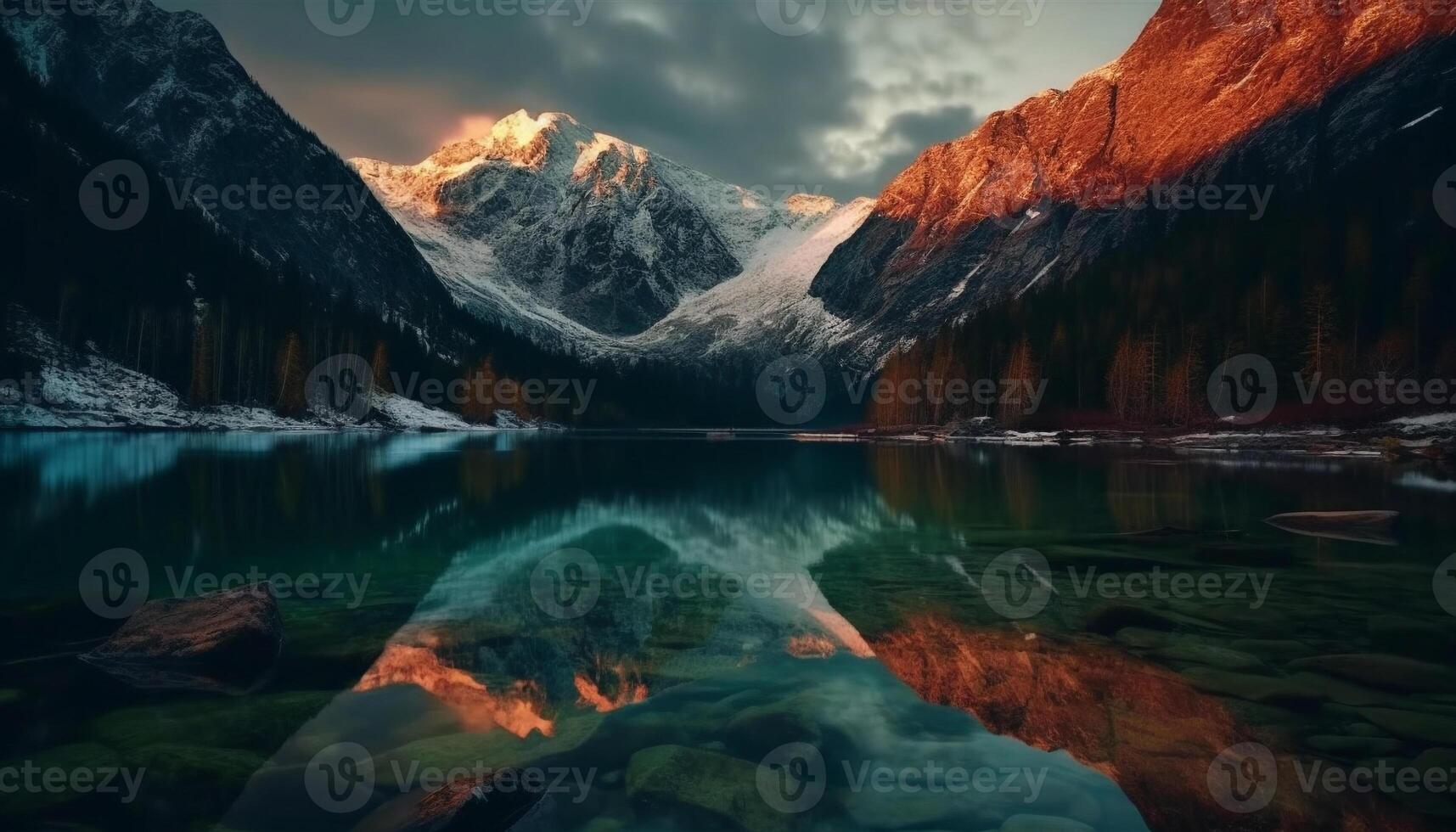 The majestic mountain range reflects in tranquil waters at dusk generated by AI photo