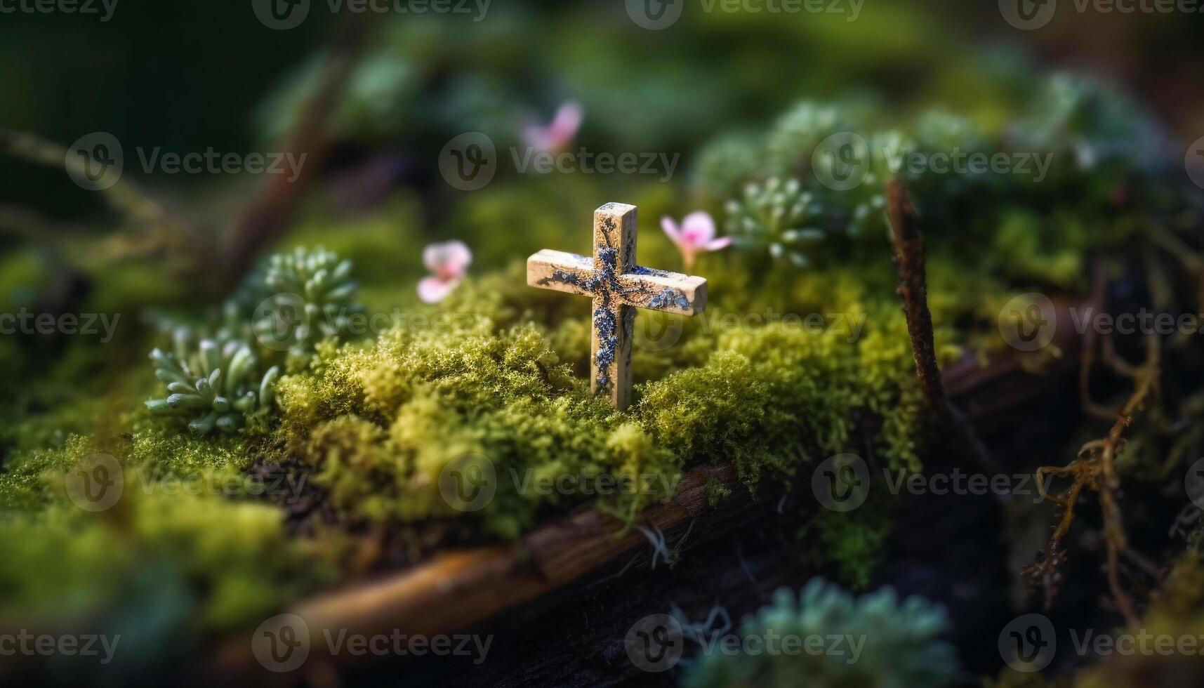 Cross on tree branch symbolizes spirituality in tranquil forest environment generated by AI photo