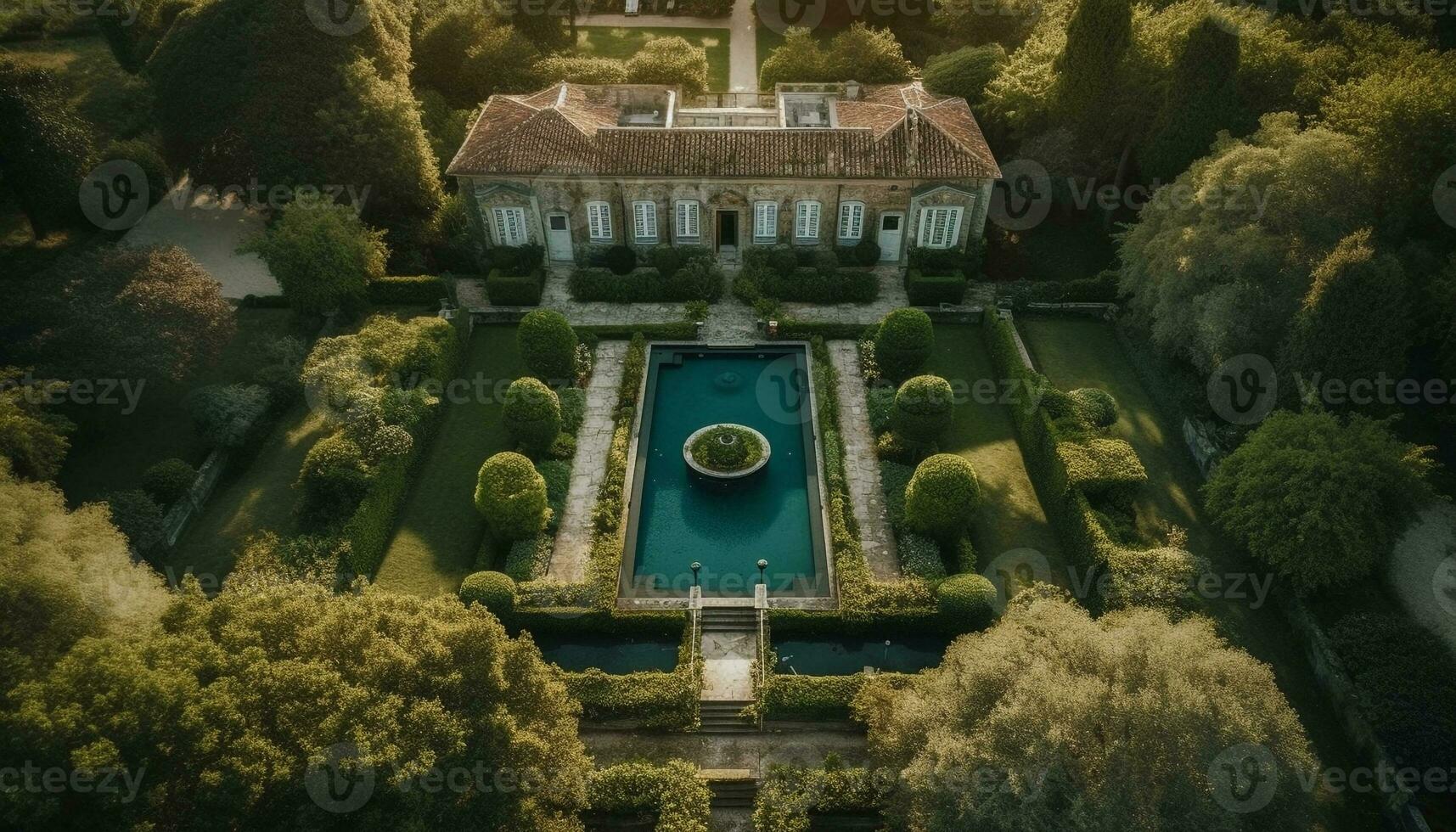 tranquilo escena de espiritualidad en famoso católico formal jardín generado por ai foto