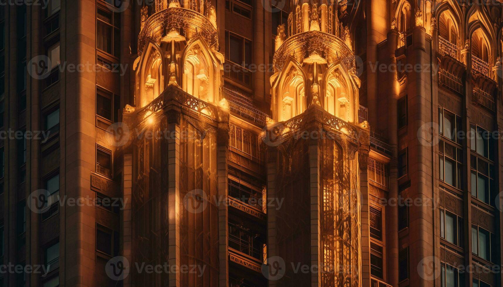 el gótico catedral iluminado ventanas brillar brillante en el noche generado por ai foto