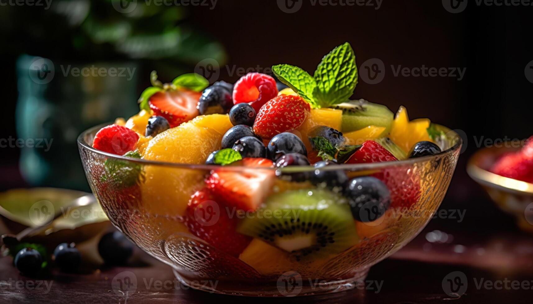 A gourmet fruit salad with blueberries, raspberries, and strawberries generated by AI photo