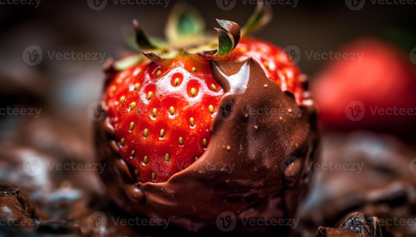 indulgente chocolate sumergido fresa postre en rústico de madera plato generado por ai foto