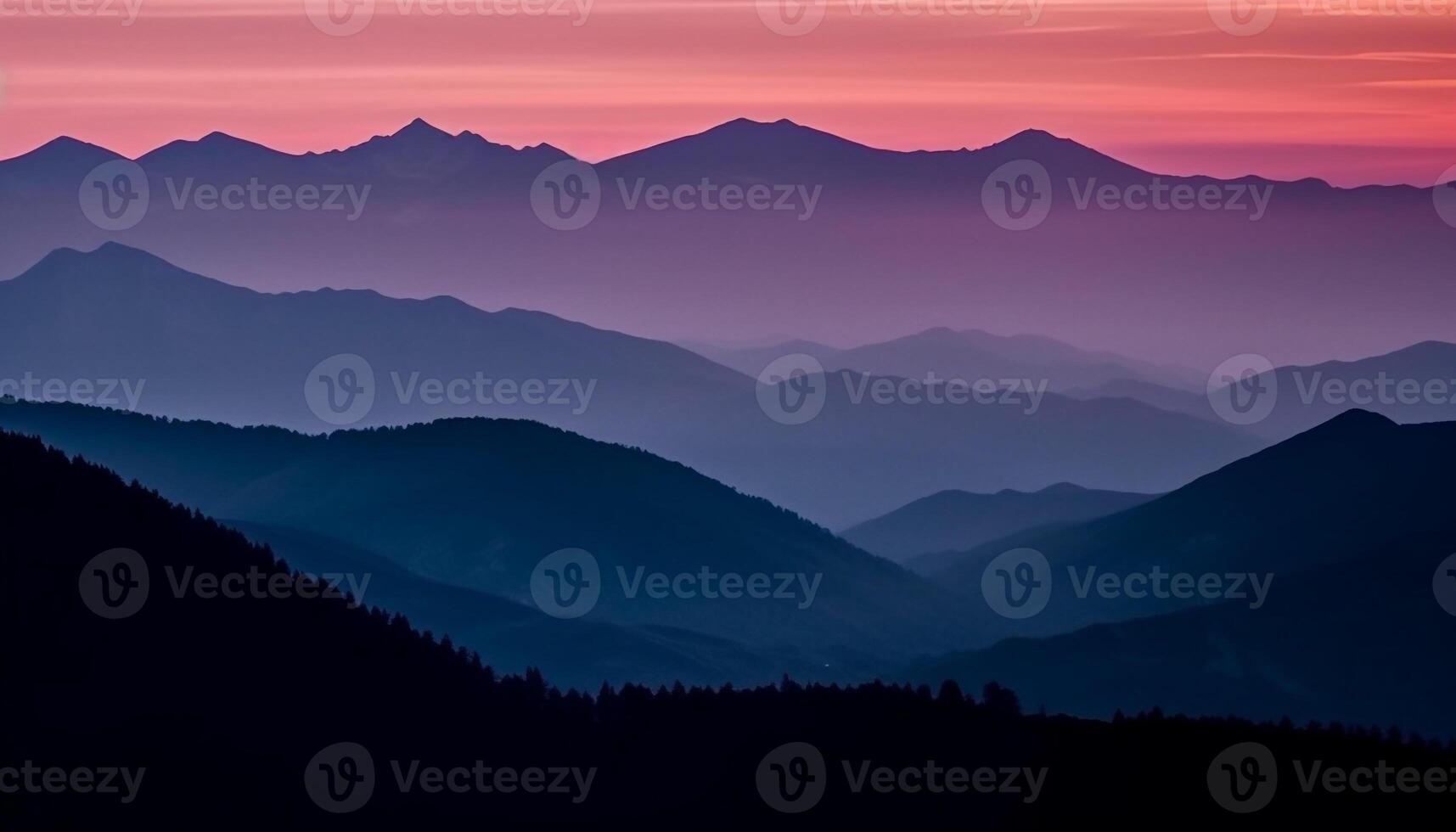 The majestic mountain range silhouetted against the tranquil sunset sky generated by AI photo