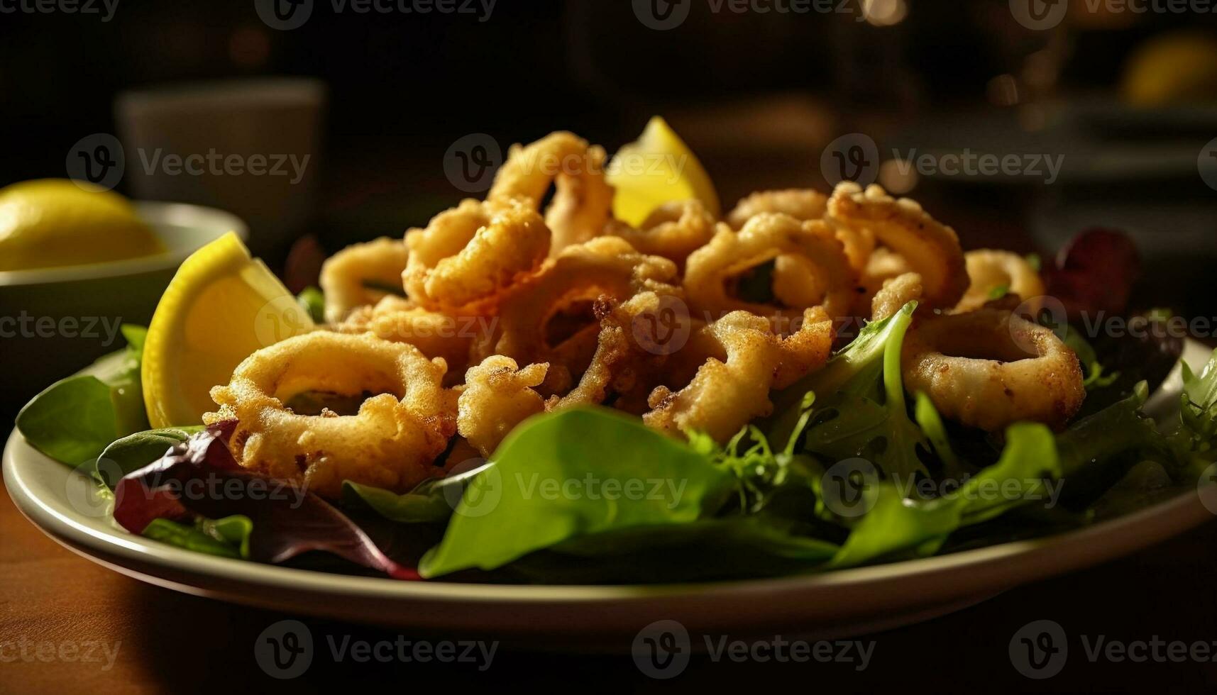 A gourmet seafood meal with fresh prawns, fish, and calamari generated by AI photo