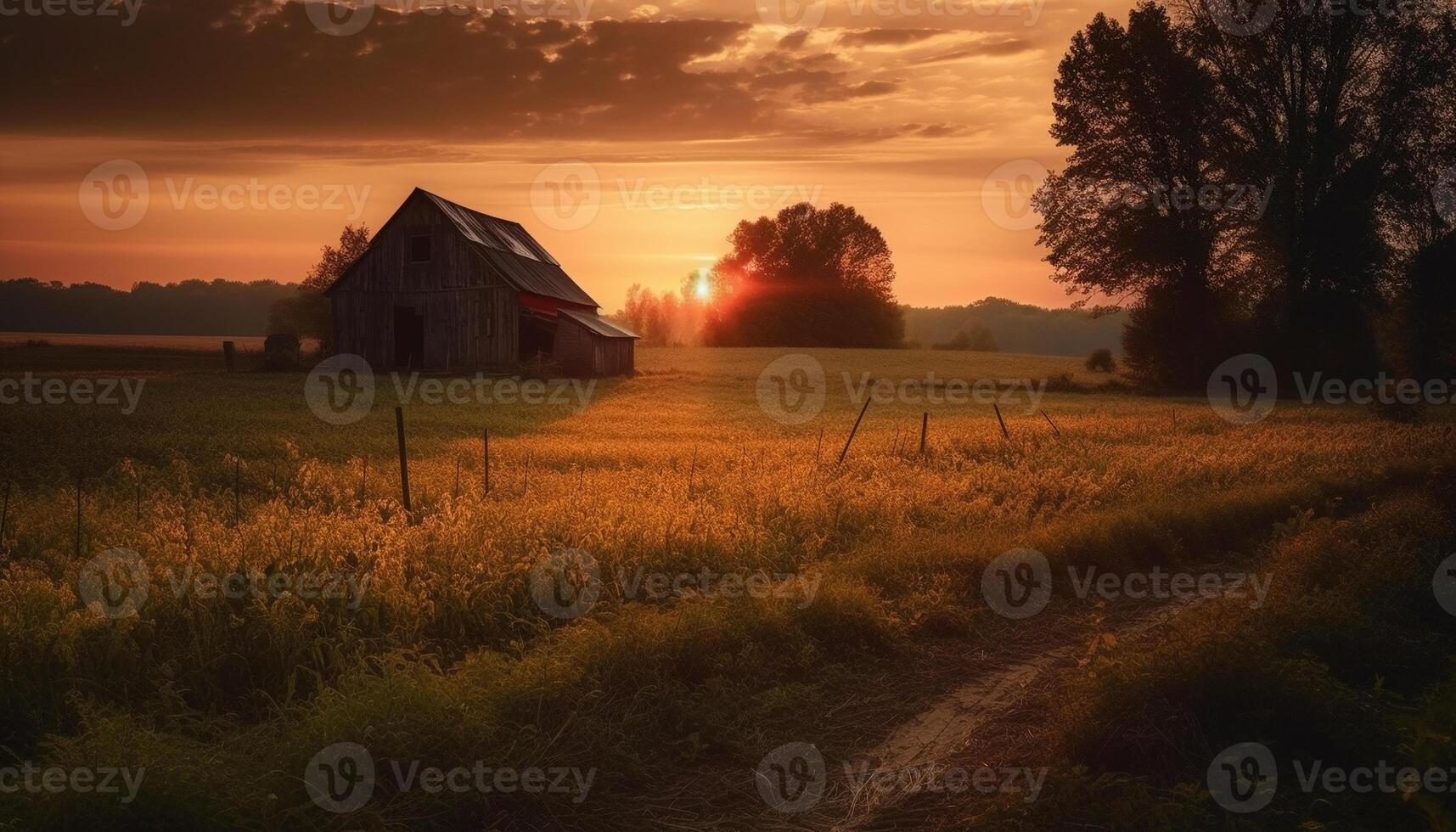 tranquilo puesta de sol terminado rústico casa de Campo en verde prado rodeado por bosque generado por ai foto