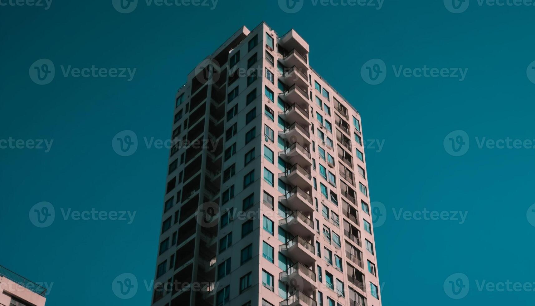 Modern skyscraper reflects bright city life in futuristic design generated by AI photo