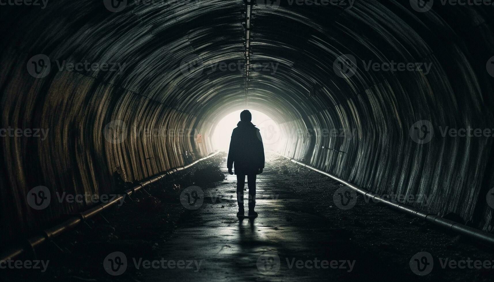 A spooky silhouette walking alone in the underground tunnel generated by AI photo