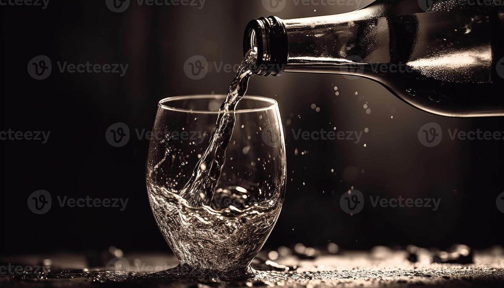 Shiny wine bottle pouring fresh liquid into crystal drinking glass generated by AI photo