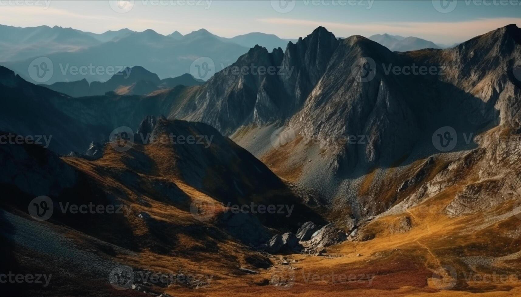 Scaling the majestic mountain peak, a panoramic adventure awaits generated by AI photo