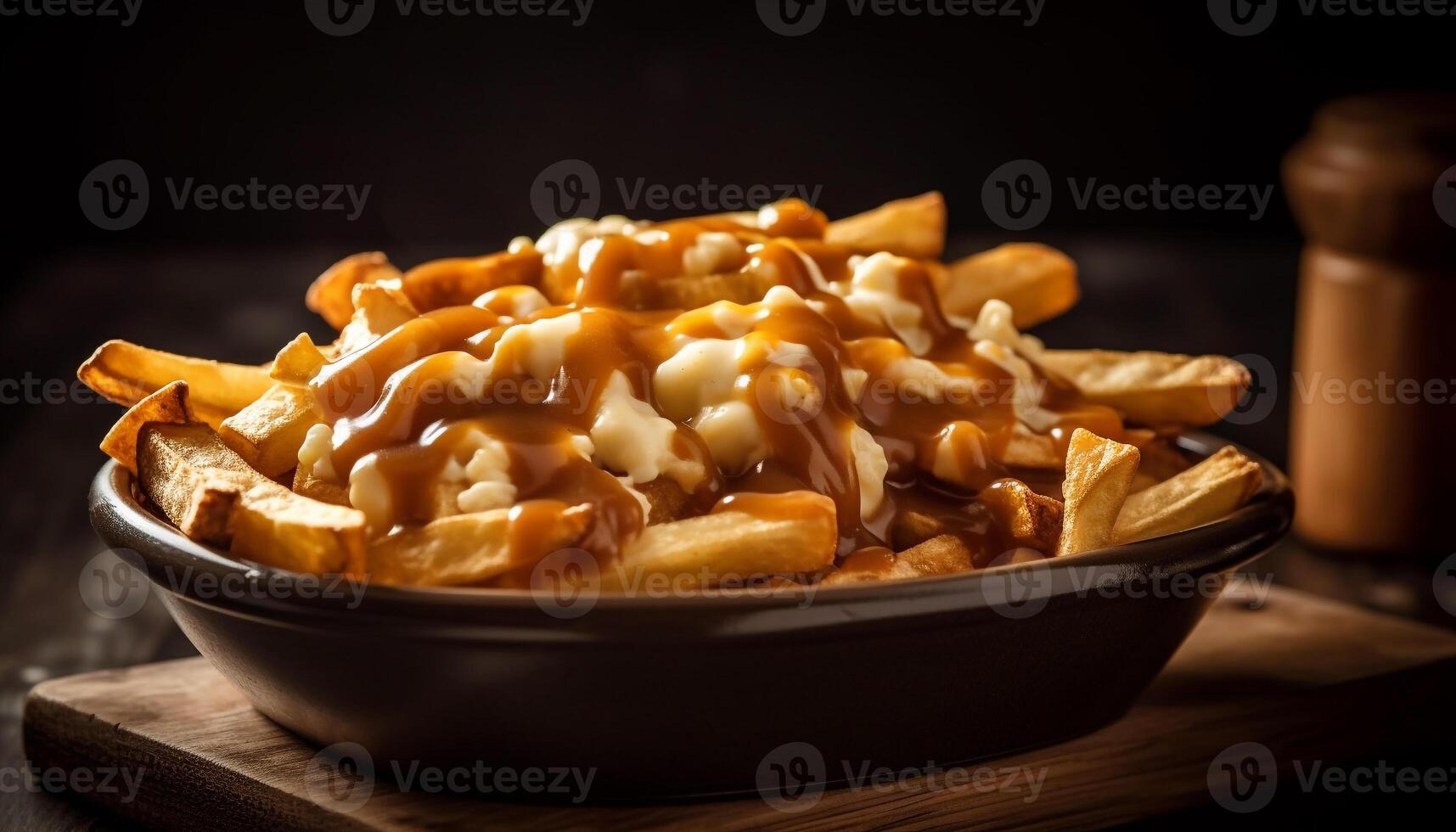 Crunchy, deep fried French fries heap on rustic wooden table generated by AI photo