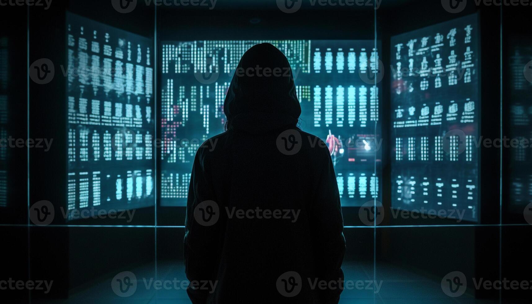 Silhouette of a hooded thief hacking into computer network anonymously generated by AI photo