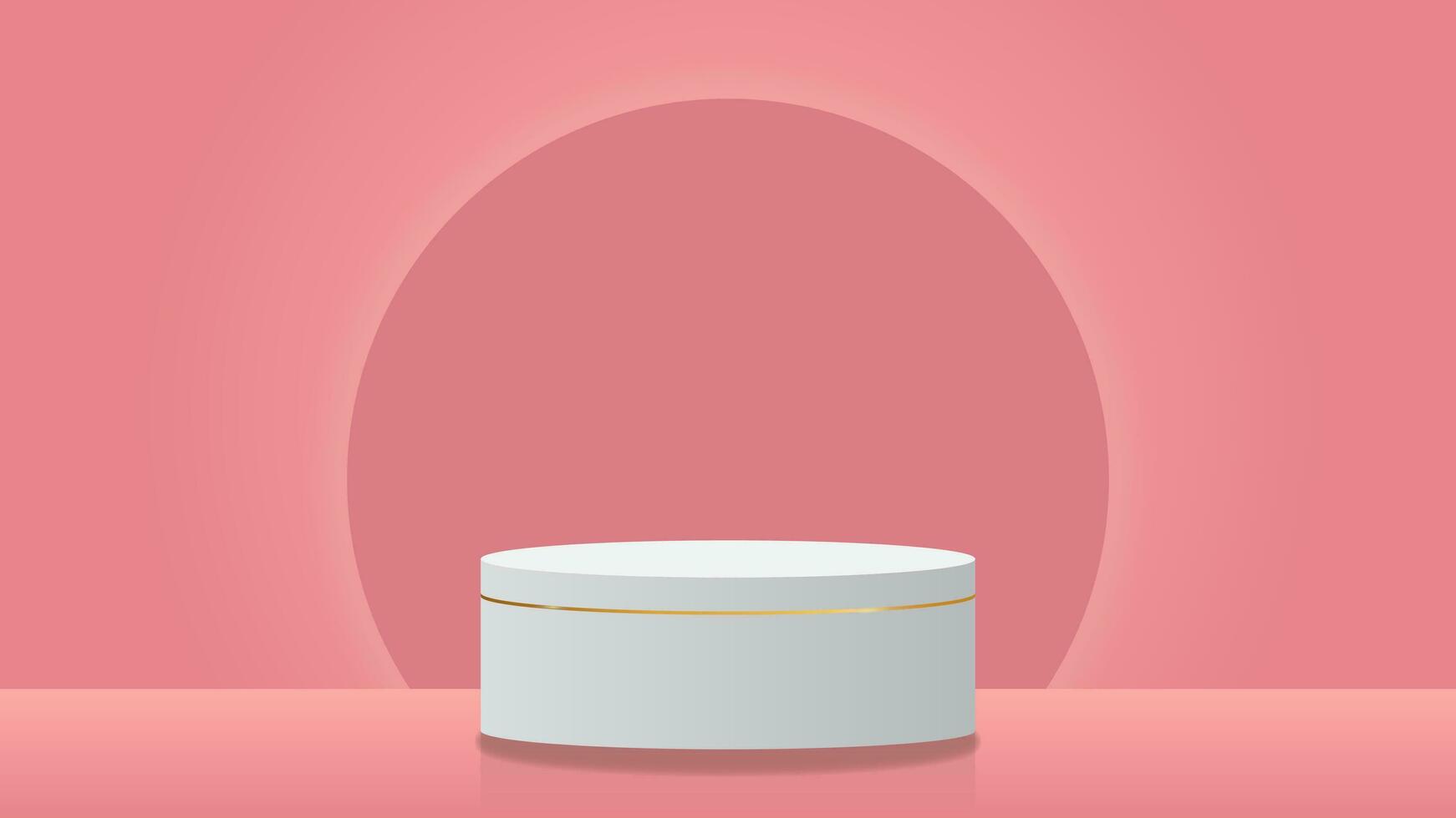 3d white cylinder pedestal or podium in soft pink color background with glow circle. minimal scene for product display presentation vector illustration EPS10