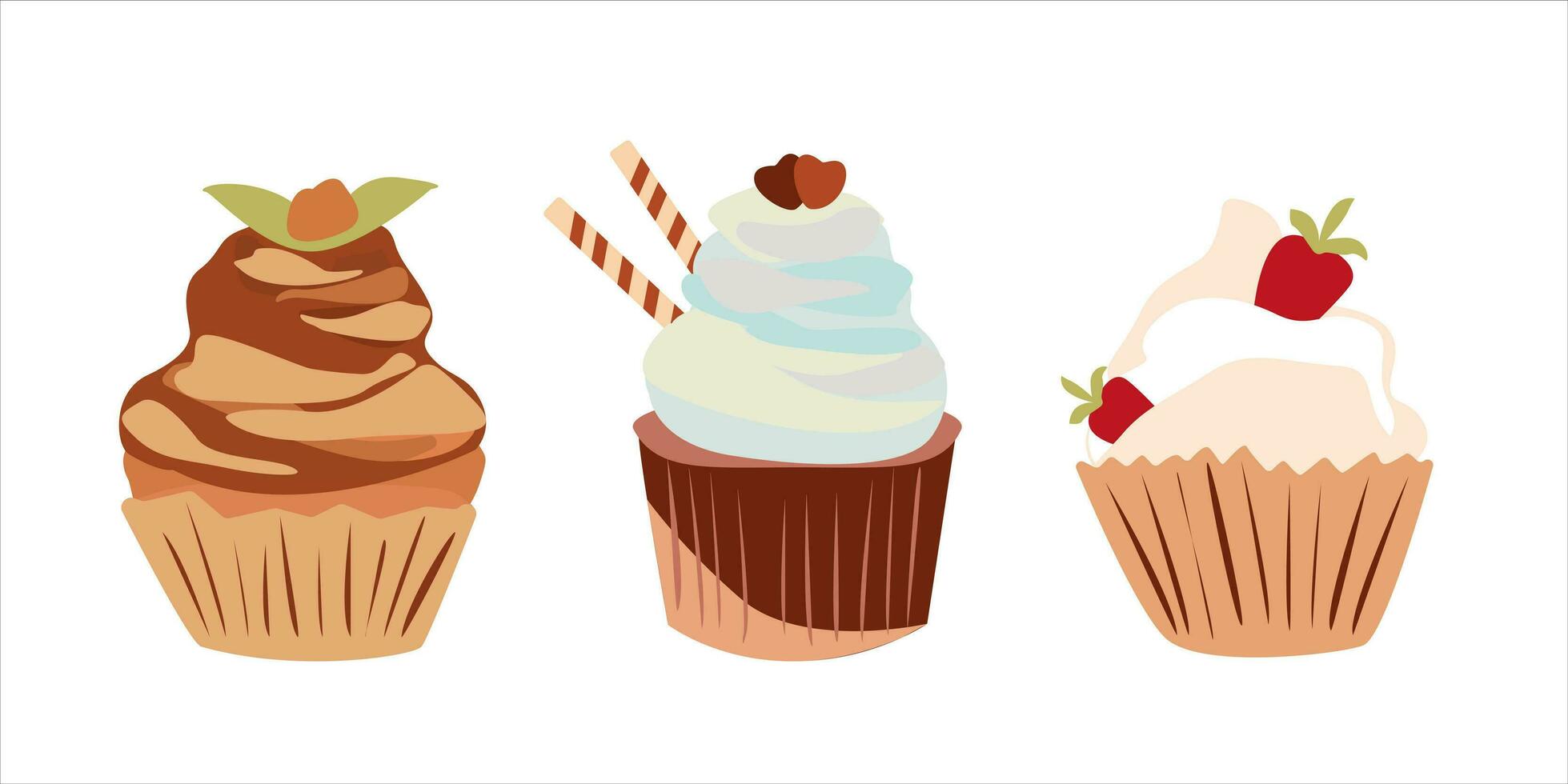 Collections of Sweet food. Creamy cupcake set isolated on white. Greeting card design element. Vector illustration.