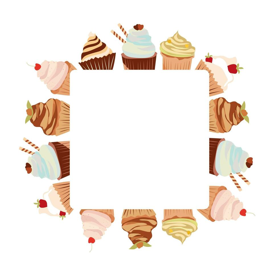 Square frame of cupcakes. Vector border for the design of cards, invitations, menus, logos, labels, tags. Clipart for holidays or menu with copy space.