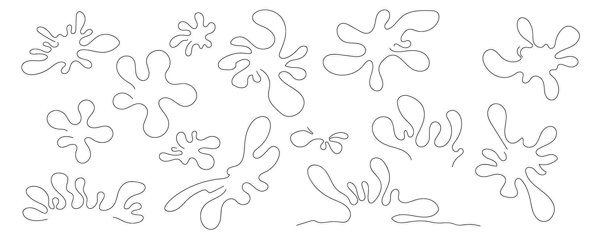 Water drops logo icons. Set of splash symbols. Hand drawn ink sketch Doodles. Collection of line splashes. Vector continuous line sketches.