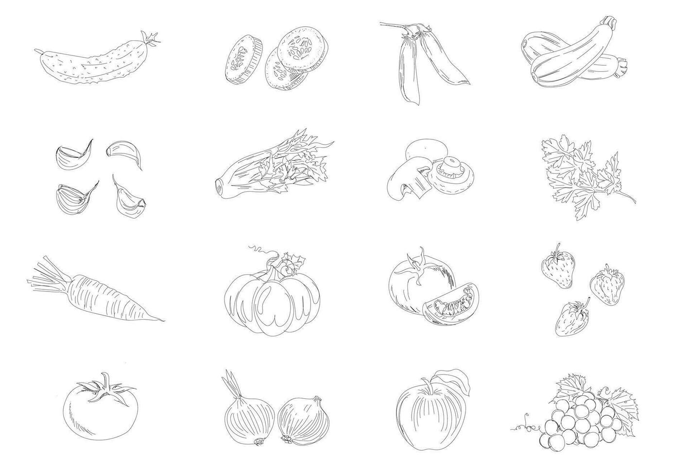 mano dibujado bosquejo estilo vegetales colocar. linda vegetariano garabatos en vector en blanco antecedentes. eco Fresco productos