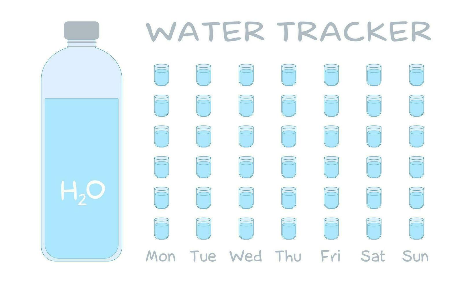 agua rastreador. agua equilibrar calendario. agua semanal rastreador. desde lunes a domingo. hidratación desafío. plano vector ilustración en un blanco antecedentes. Bebiendo agua Lista de Verificación con botella y tazas.
