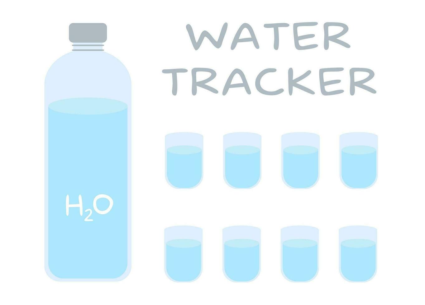 Water tracker template. Drinking water checklist. Water tracker with bottle and eight cups. Vector illustration. Health concept.