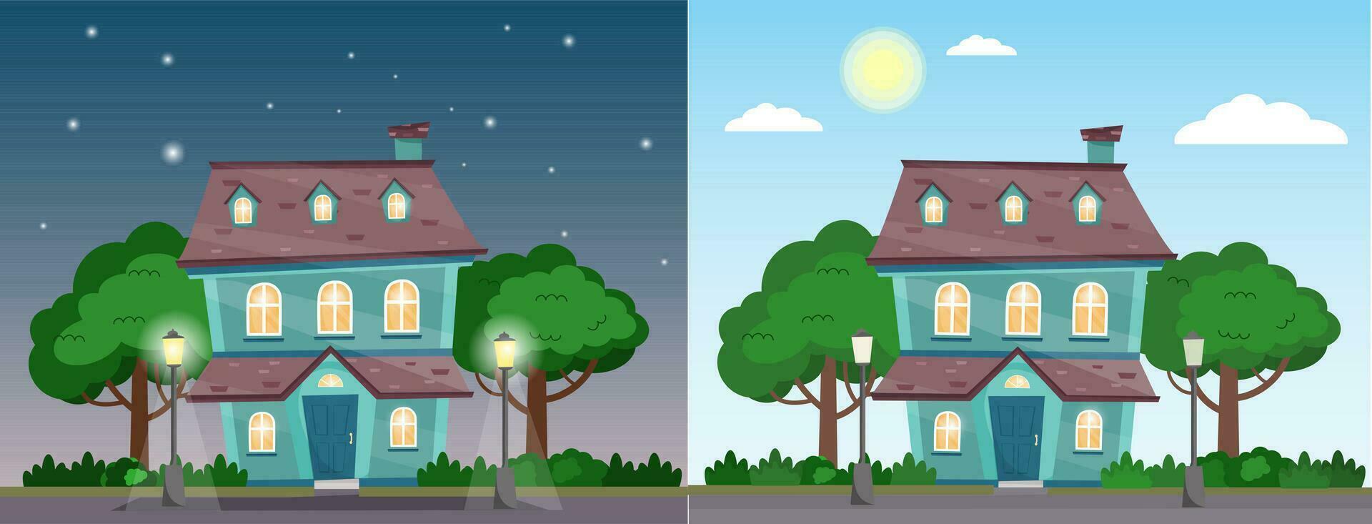 Day and night house. Building at day and night with trees, bushes, street lamps, sky. Cottage at summer time. Night and day suburb landscape. Vector illustration in flat cartoon style.