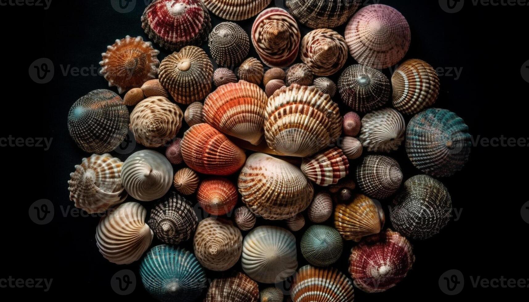 Colorful seashell collection, beauty in nature design generated by AI photo