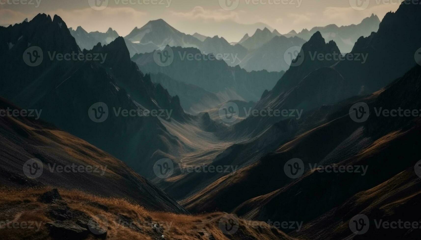 majestuoso montaña rango, tranquilo prado, otoño oscuridad generado por ai foto