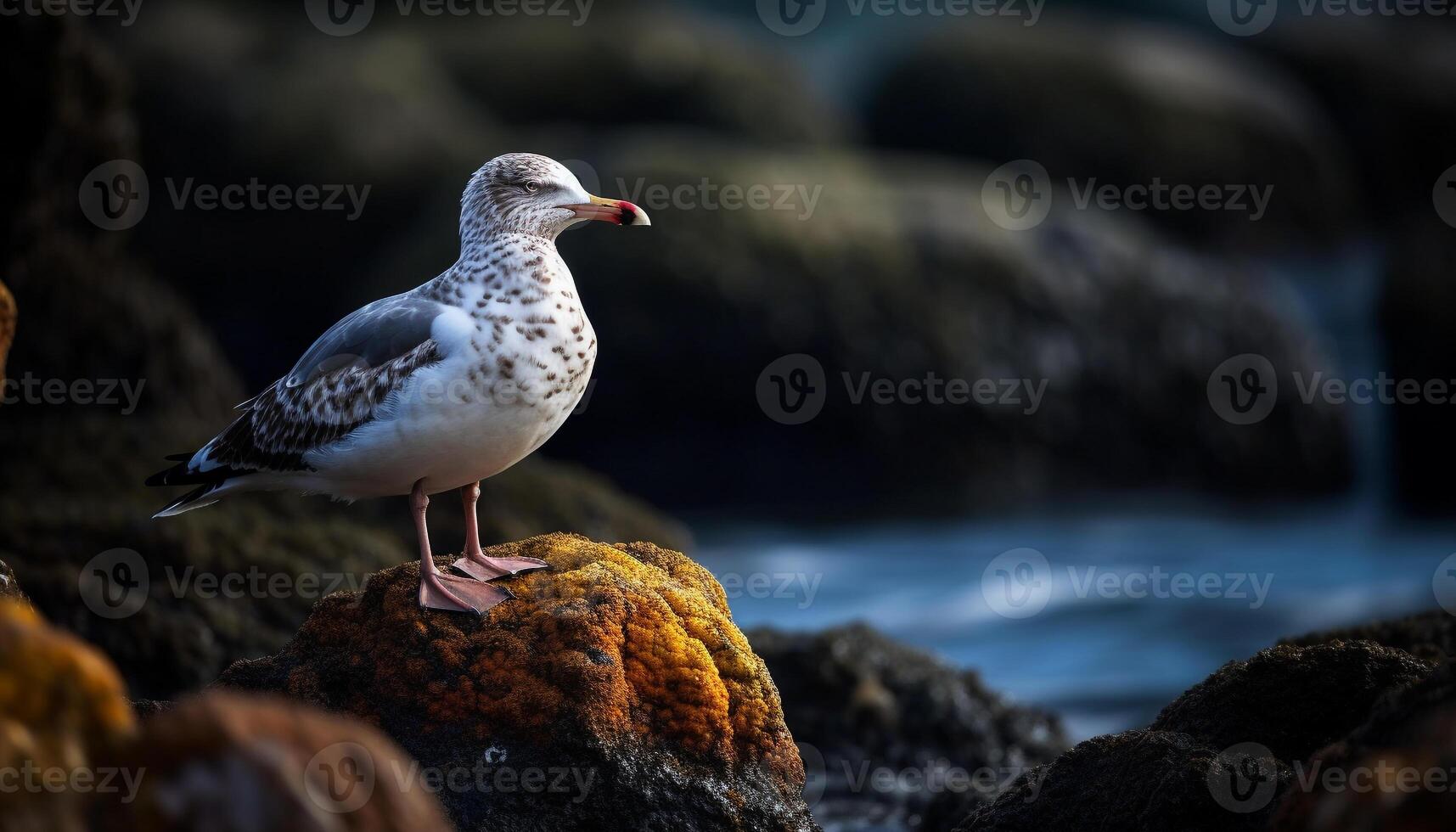 Seagull perching on rock, overlooking tranquil seascape generated by AI photo