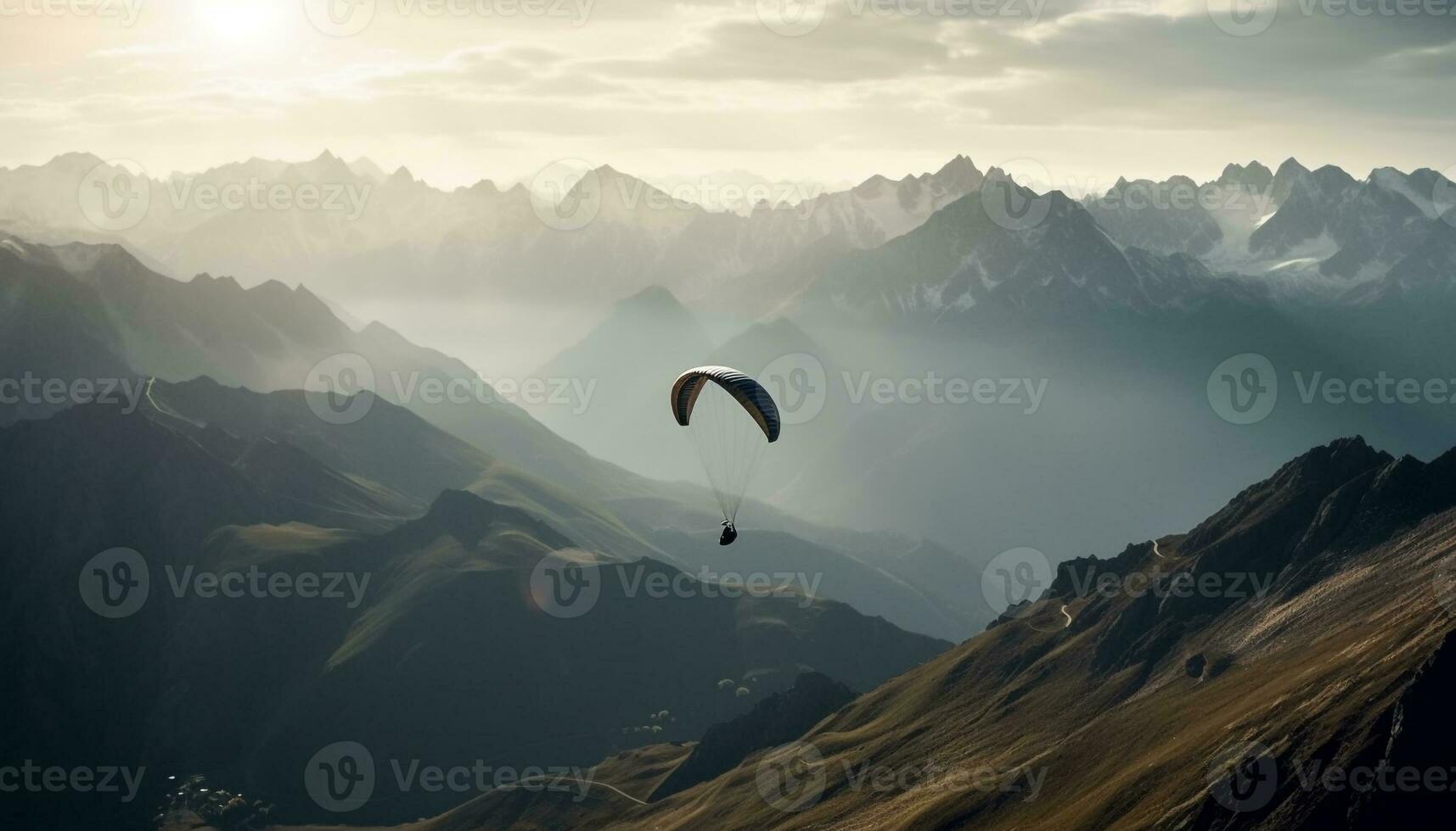 Men flying high up in mountain range generated by AI photo