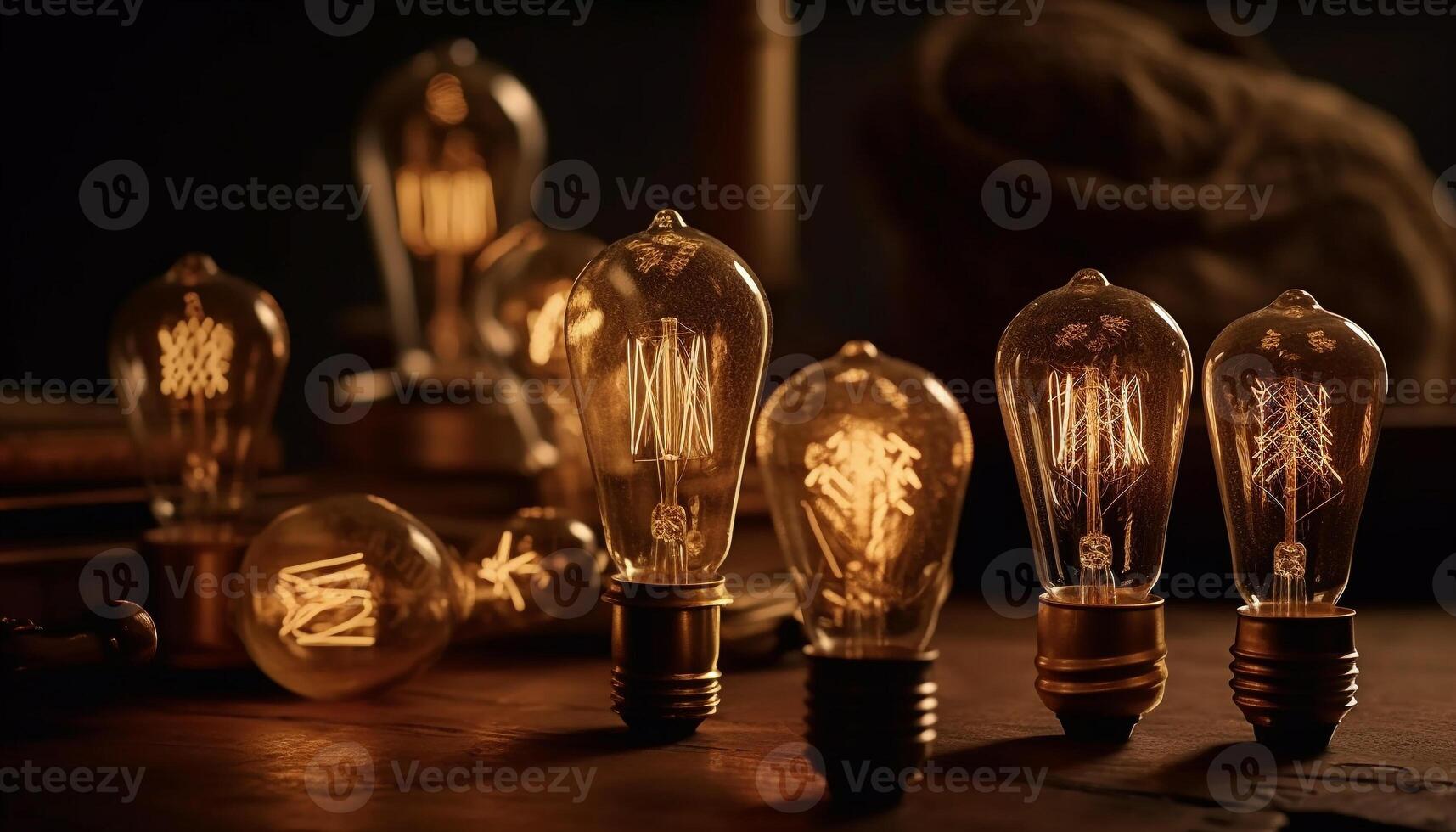 Bright tungsten filament glows in old fashioned light bulb generated by AI photo