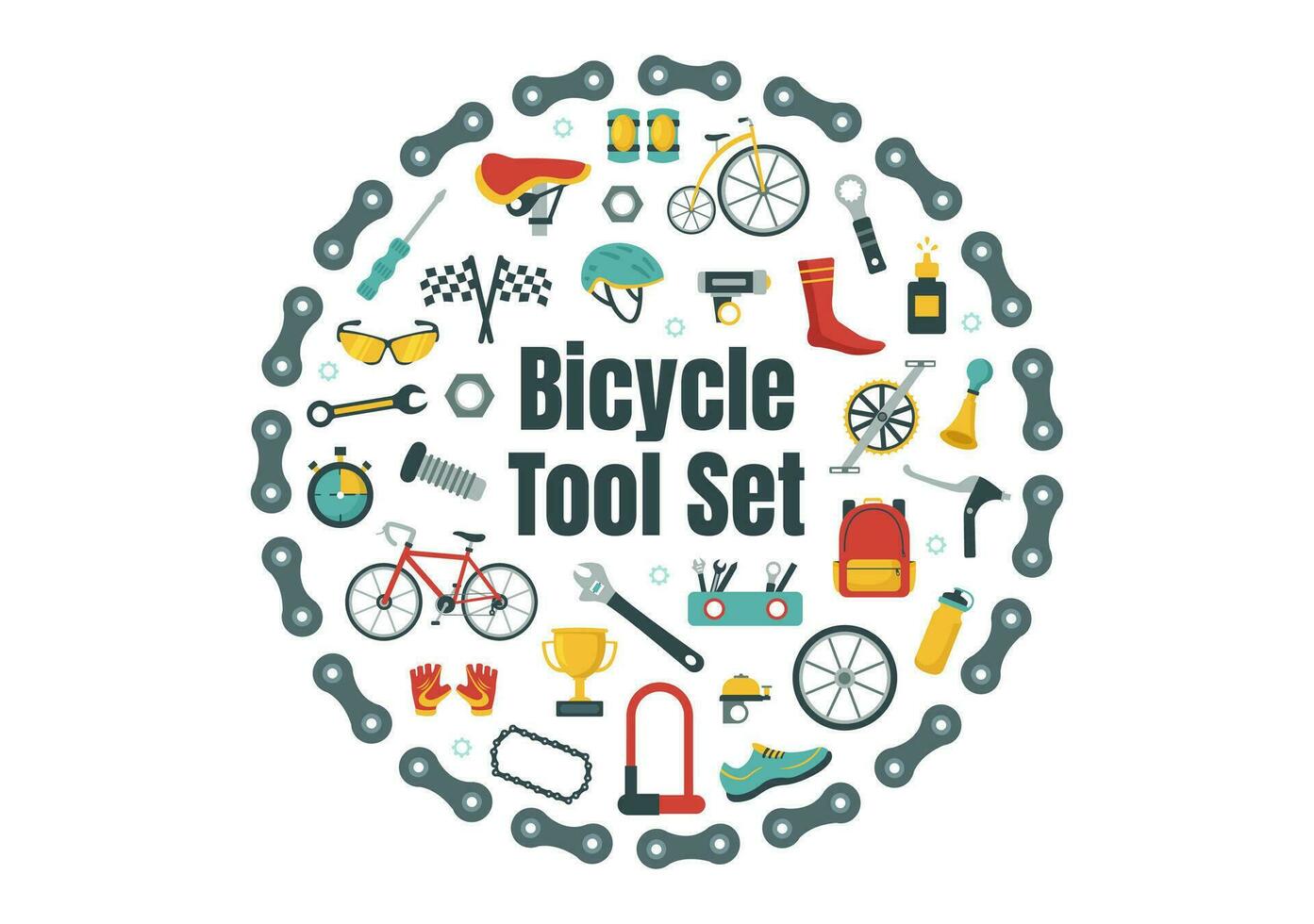 Cycling and Bicycle Tool Set Vector Illustration of a Mechanic Repairing Bicycles in a Workshop with Spare Parts in Flat Cartoon Hand Drawn Template