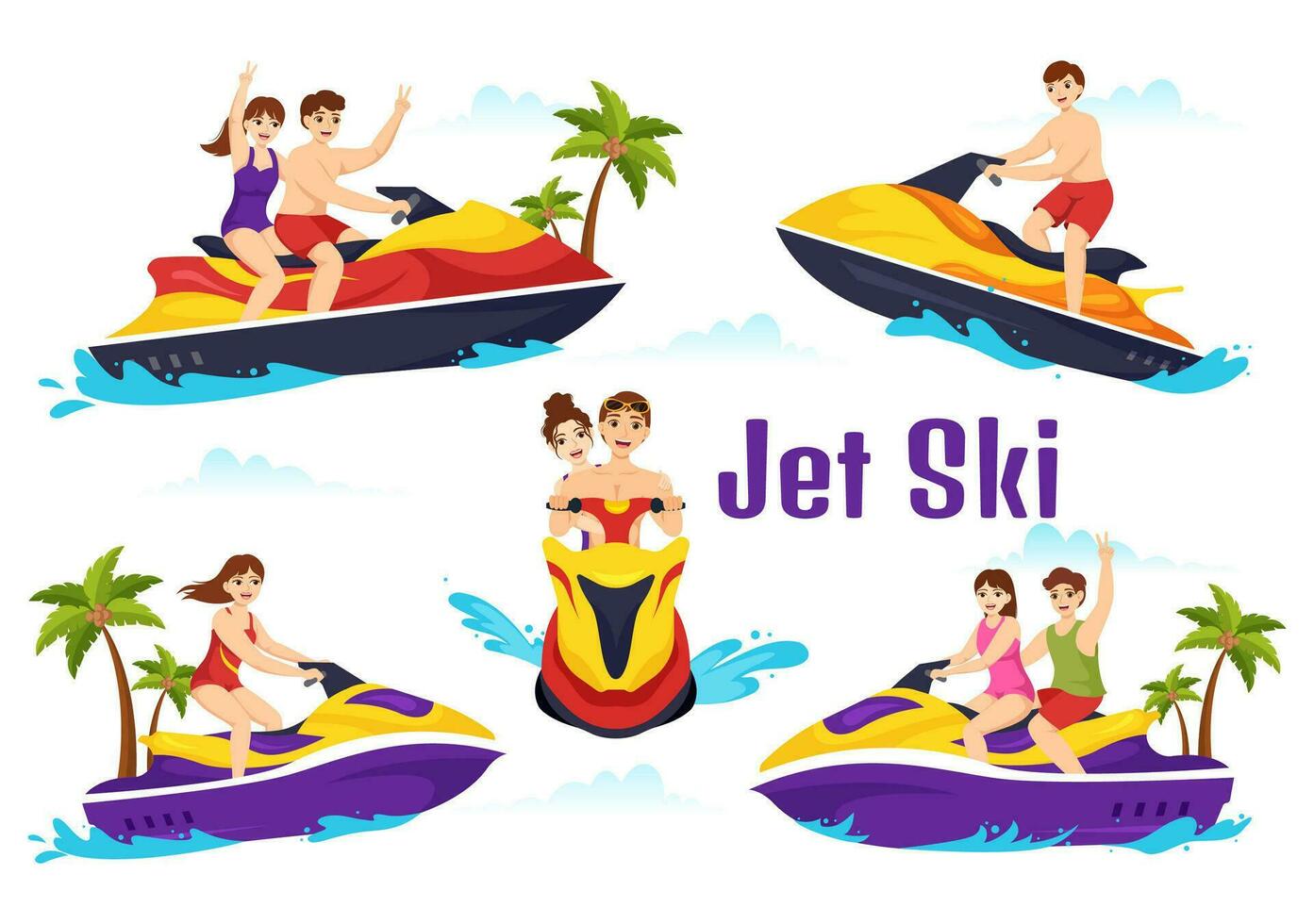 People Ride Jet Ski Vector Illustration Summer Vacation Recreation, Extreme Water Sports and Resort Beach Activity in Hand Drawn Flat Cartoon Template