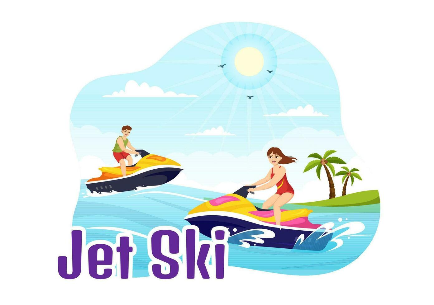 People Ride Jet Ski Vector Illustration Summer Vacation Recreation, Extreme Water Sports and Resort Beach Activity in Hand Drawn Flat Cartoon Template